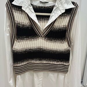 Veronica Beard Black and Cream V-Neck Sweater Vest